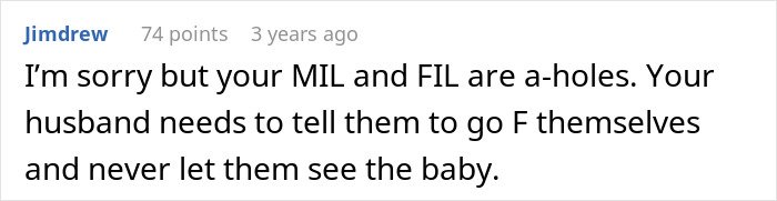 Screenshot of a social media comment criticizing in-laws who threaten CPS after deeming new parents’ home unacceptable.