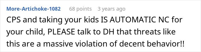 Comment about in-laws threatening CPS after deeming new parents' home unacceptable, emphasizing impact on child custody concerns.