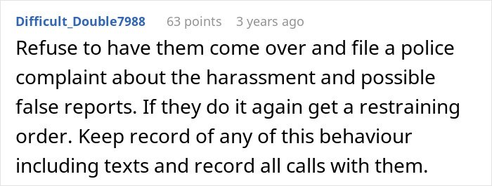 User comment advising to refuse visits, document harassment, and consider restraining orders amid CPS threats from in-laws.