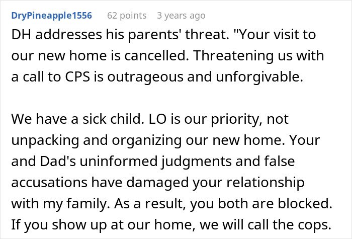Screenshot of an online post where new parents respond to in-laws threatening to call CPS over their home conditions.