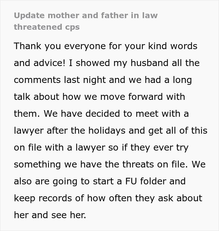 Update on new parents facing in-laws threatening CPS, planning legal action and record-keeping for protection.