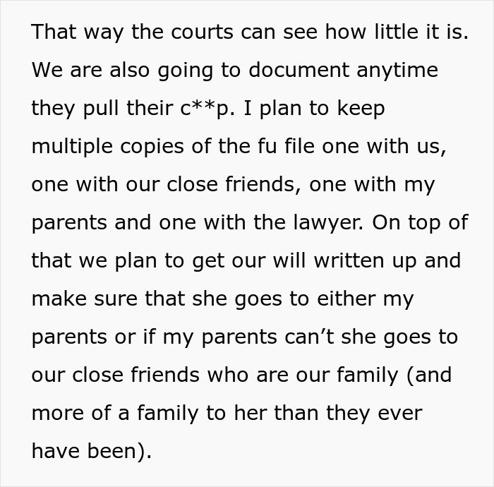 Text excerpt discussing documenting interactions and legal plans amid concerns about in-laws threatening CPS after judging parents’ home.