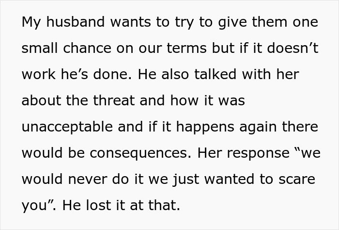 Text showing a conversation about in-laws threatening CPS and declaring new parents’ home unacceptable as a scare tactic.