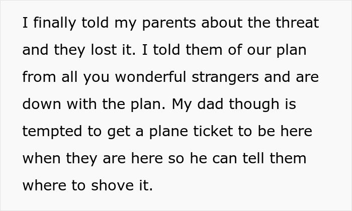 Text message about informing parents regarding CPS threats from in-laws over new parents’ home conditions.
