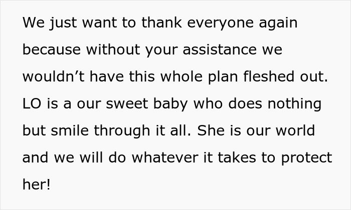 Thank you message expressing gratitude and determination to protect their baby amid CPS threats from in-laws.