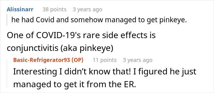 Reddit comments discussing rare COVID-19 side effects and a user’s experience with conjunctivitis and ER exposure.