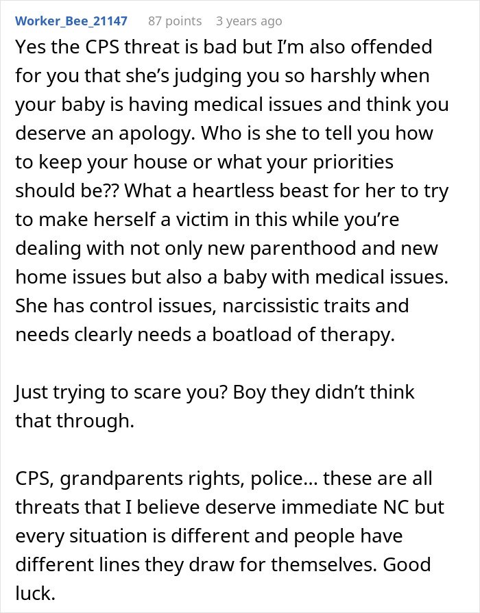 Comment discussing in-laws threatening CPS after judging new parents’ home and dealing with baby’s medical issues and control issues.
