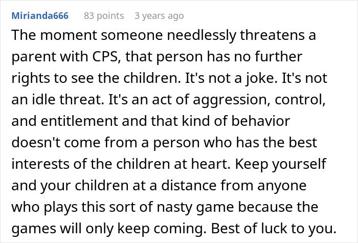 Comment explaining the serious impact of in-laws threatening CPS after declaring new parents’ home unacceptable.