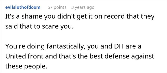Reddit comment discussing new parents facing threats from in-laws to call CPS over their home being deemed unacceptable.