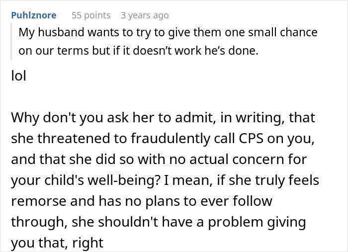 Comment discussing in-laws threatening to call CPS after declaring new parents’ home unacceptable in a family dispute.