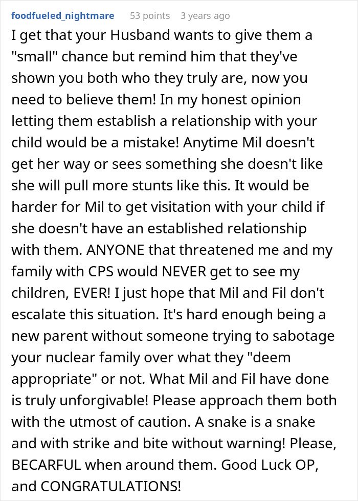 Comment warning new parents about in-laws threatening CPS after declaring the new parents’ home unacceptable.