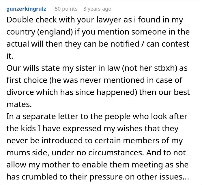 Text post discussing legal advice on wills and custody wishes, with in-laws threatening CPS over new parents’ home conditions.