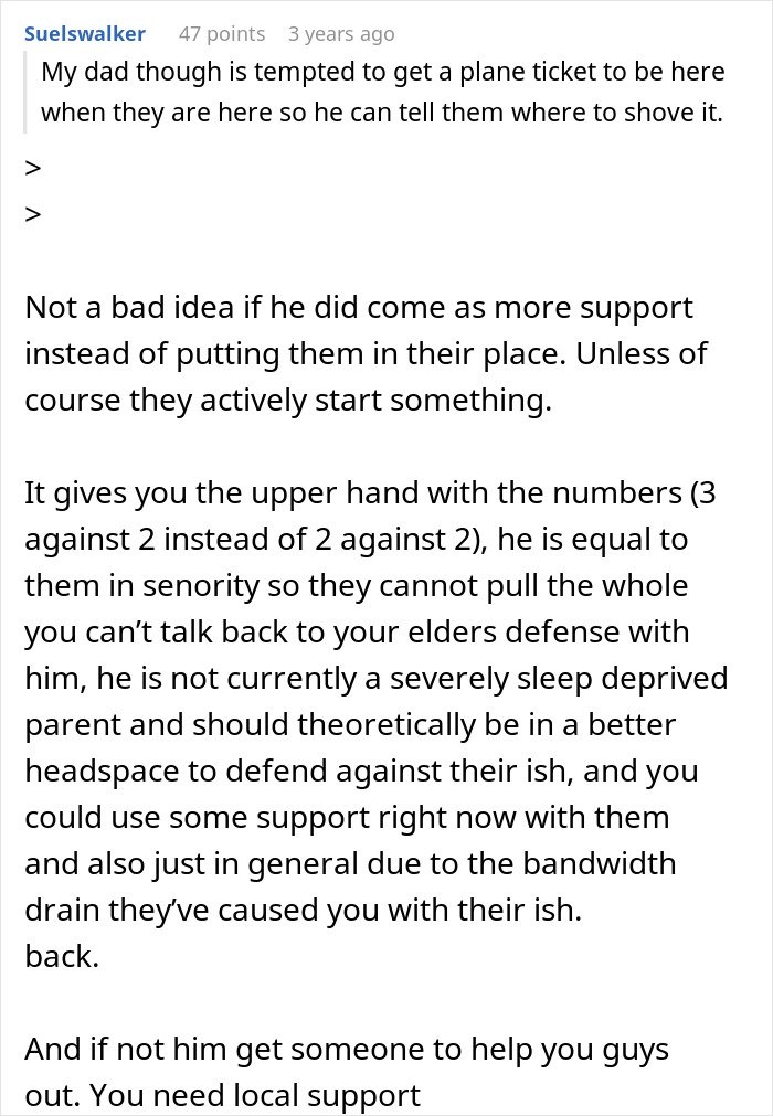 Commenter discussing in-laws threatening CPS after declaring new parents’ home unacceptable and advice for family support.