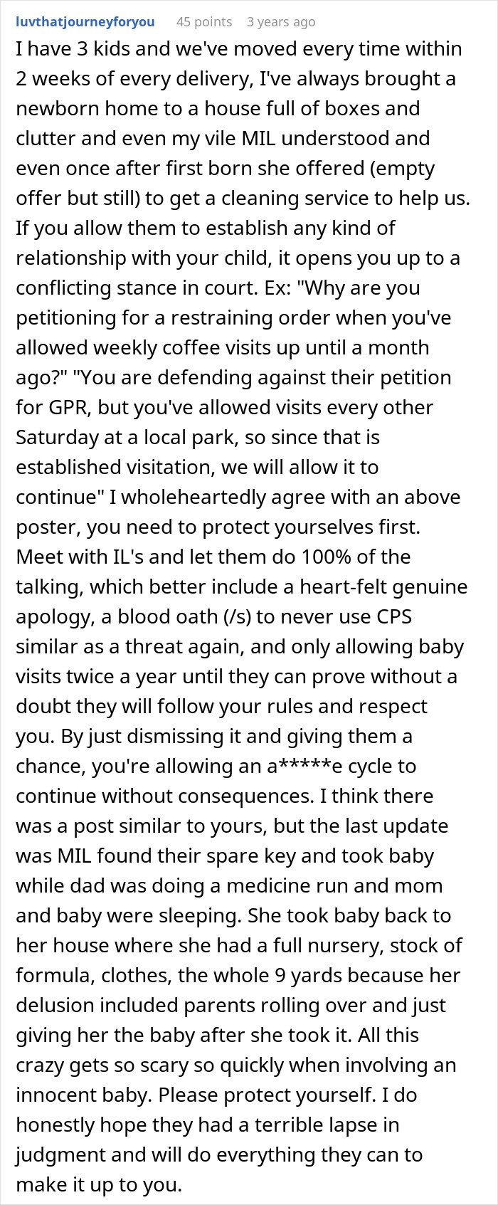 Comment discussing in-laws threatening CPS after declaring new parents’ home unacceptable, sharing advice to protect oneself.