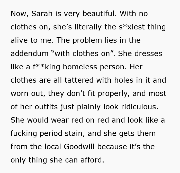Text excerpt describing a man embarrassed by his girlfriend’s style, triggering her childhood trauma with worn, ill-fitting clothes.