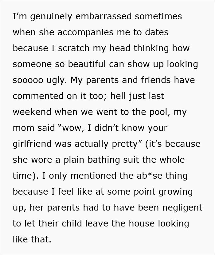 Man feels embarrassed by girlfriend’s style, reflecting on childhood trauma and family comments about her appearance.