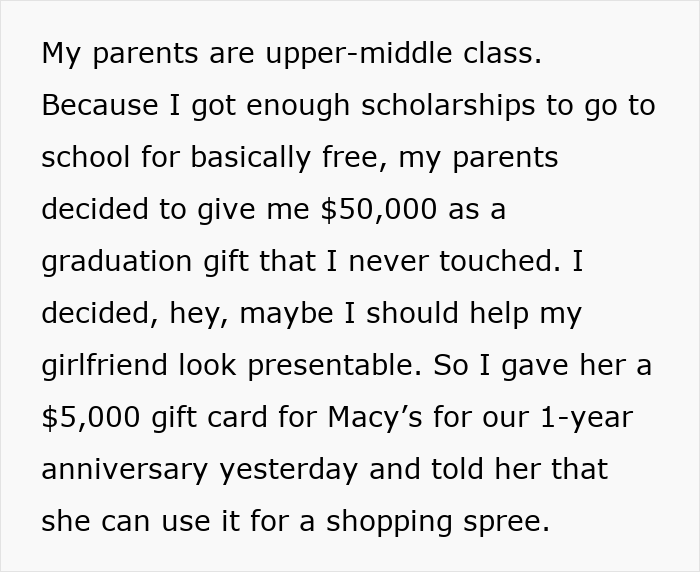 Text discussing a man feeling embarrassed by his girlfriend’s style and giving her a shopping gift card.