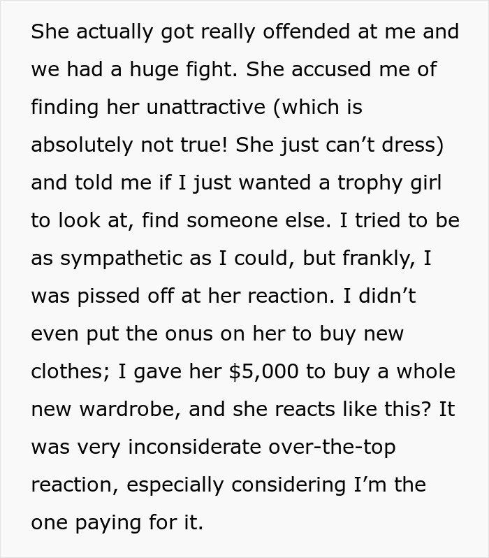 Text excerpt showing a man feeling embarrassed by girlfriend’s style and recalling her childhood trauma during a conflict.