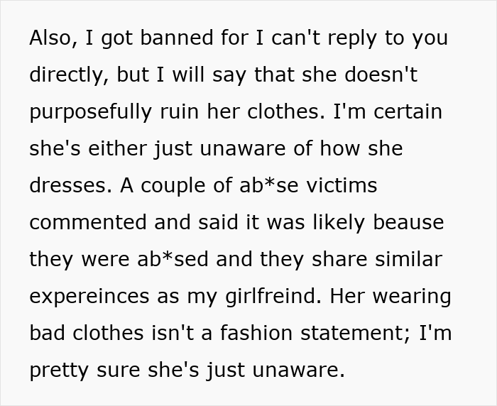 Text message explaining how a man feels embarrassed by his girlfriend’s style and childhood trauma affecting her clothing choices.