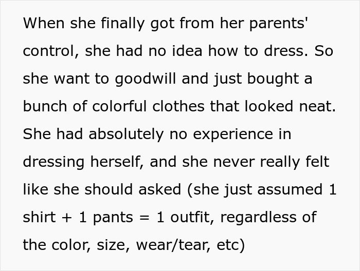 Woman learning to dress herself with colorful clothes after leaving parents' control, highlighting childhood trauma and embarrassment.