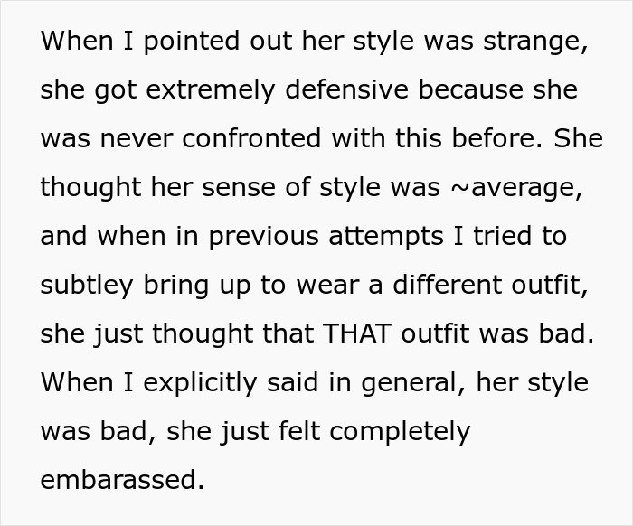 Text excerpt describing a man feeling embarrassed by his girlfriend’s style, triggering her childhood trauma.