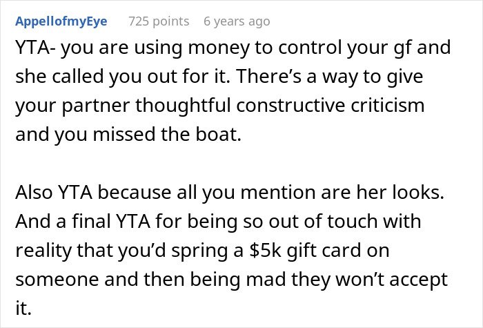 Commenter discussing embarrassment and control related to girlfriend’s style and childhood trauma in a relationship debate.