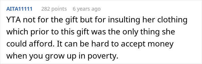 Comment about man feeling embarrassed by girlfriend’s style linked to her childhood trauma and poverty background.