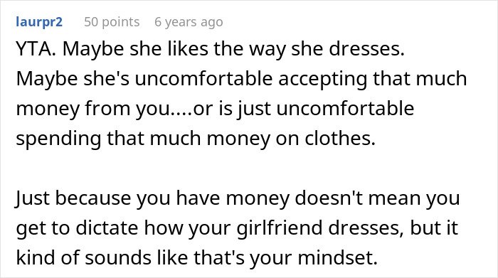 Comment discussing embarrassment and control issues related to girlfriend’s style and childhood trauma resurfacing.