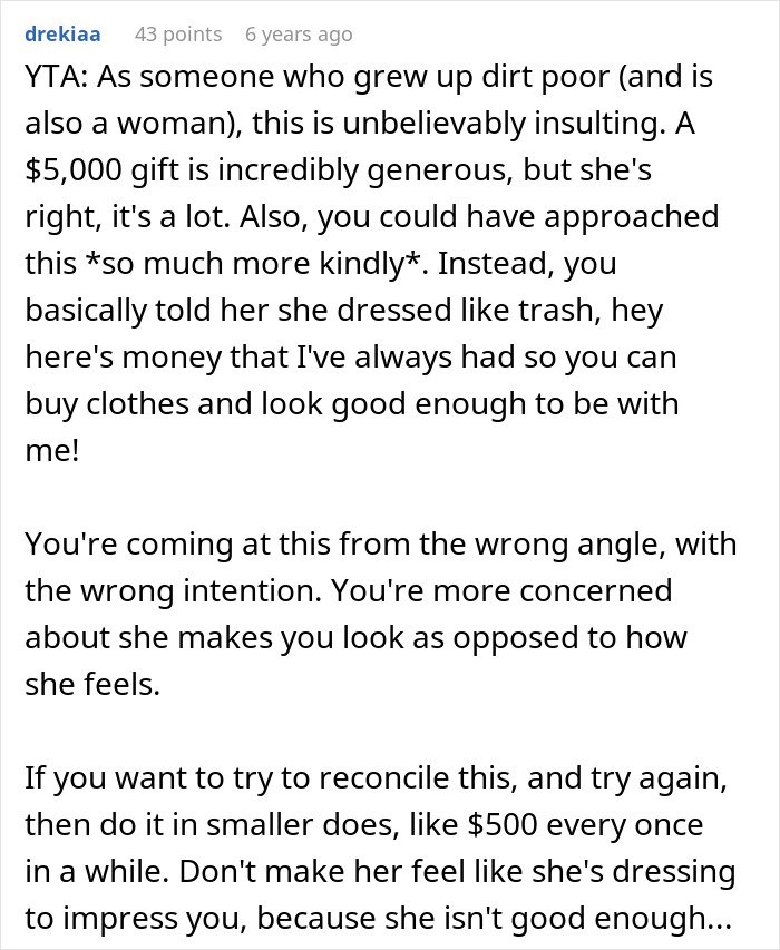 Comment discussing embarrassment over girlfriend’s style and its impact on childhood trauma and relationship feelings.
