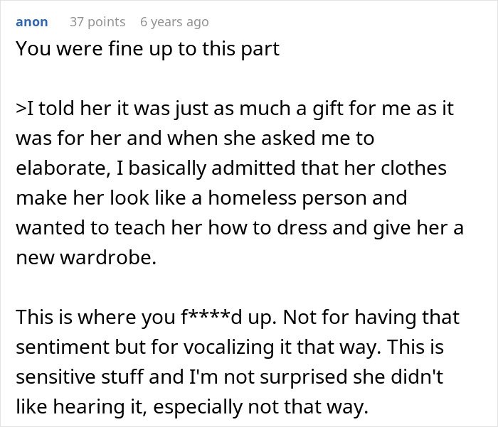 Text post discussing a man feeling embarrassed by girlfriend’s style and addressing childhood trauma.