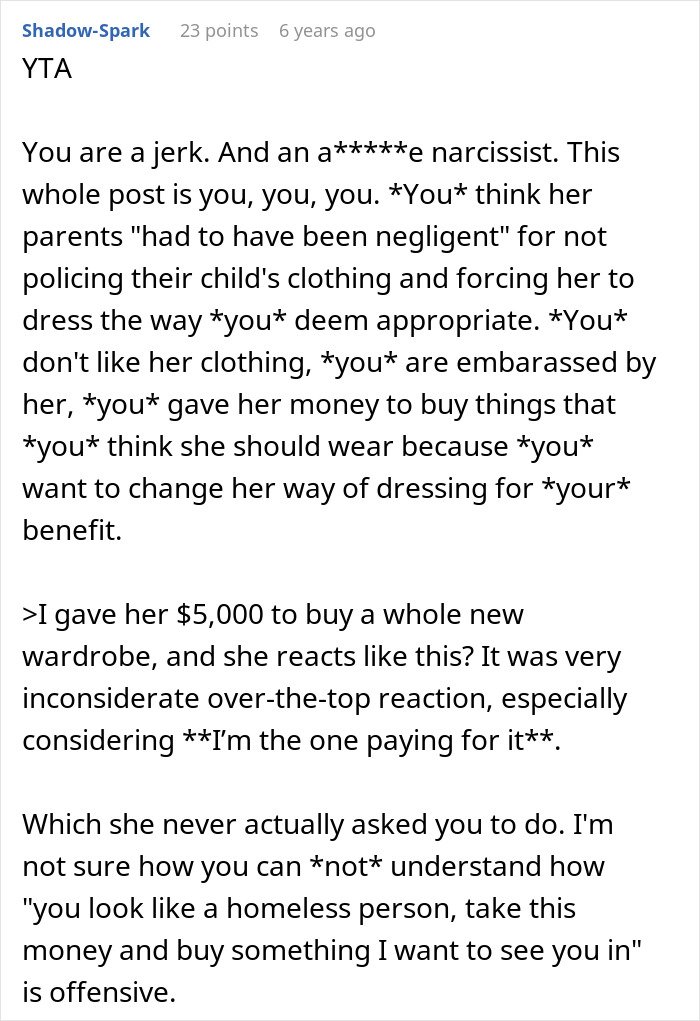 Man feels embarrassed by girlfriend’s style, criticizing her clothing and linking it to childhood trauma.