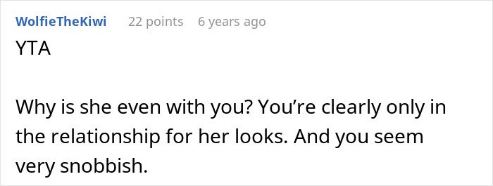 Screenshot of an online comment discussing embarrassment over a girlfriend’s style and related childhood trauma.