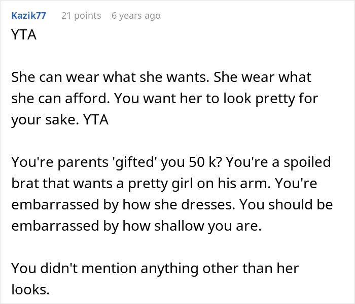 Comment criticizing man for feeling embarrassed by girlfriend’s style, highlighting embarrassment and shallow judgment.
