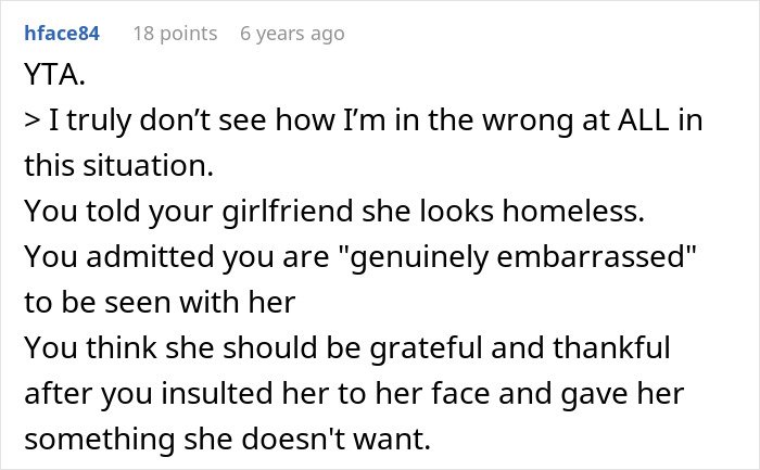 Screenshot of a Reddit comment discussing embarrassment and girlfriend’s style linked to childhood trauma in a relationship conflict.