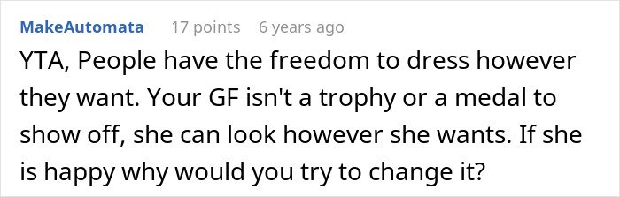 Comment about man feeling embarrassed by girlfriend’s style and reconnecting with her childhood trauma in online discussion.