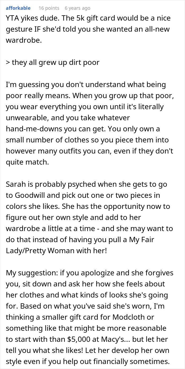 Comment discussing embarrassment over girlfriend’s style and its link to childhood trauma and clothing struggles.