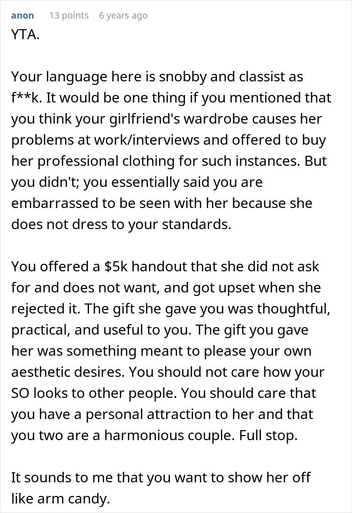 Man expresses embarrassment over girlfriend’s style, highlighting issues of personal attraction and childhood trauma.