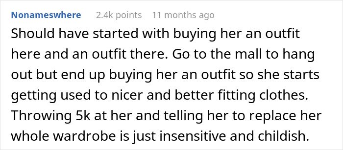 Comment about a man feeling embarrassed by girlfriend’s style and how it triggers her childhood trauma.
