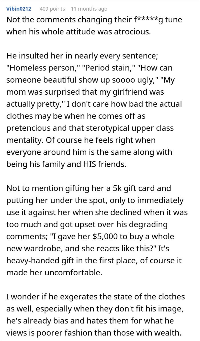 Commenter discussing a man embarrassed by his girlfriend’s style and how it triggers her childhood trauma.