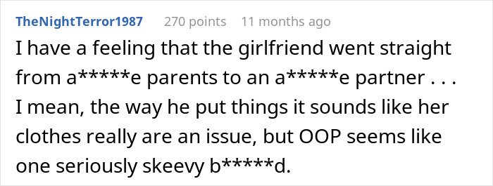 Screenshot of an online comment discussing embarrassment over girlfriend’s style and its link to childhood trauma.