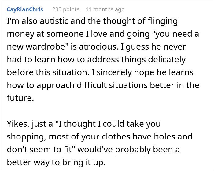 Commenter expresses discomfort with man embarrassed by girlfriend’s style, highlighting impact on her childhood trauma and need for sensitivity.