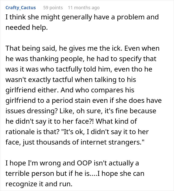 Comment discussing a man feeling embarrassed by his girlfriend’s style, revisiting her childhood trauma.