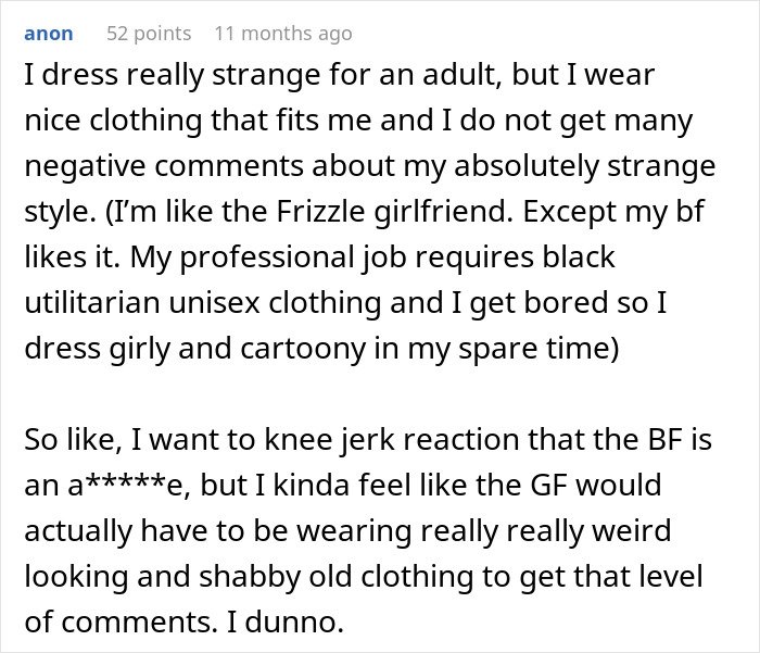 User comment discussing feeling embarrassed by girlfriend’s unique style and its impact on childhood trauma.
