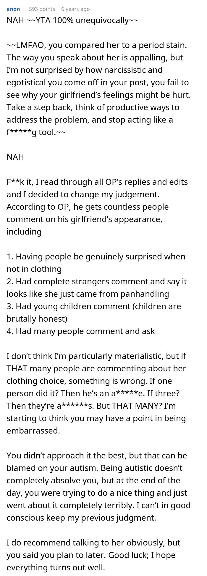 Text screenshot of a comment discussing embarrassment and childhood trauma related to a girlfriend’s style and appearance.