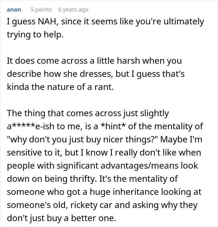 Screenshot of an online comment discussing embarrassment and childhood trauma linked to girlfriend’s style and thriftiness.