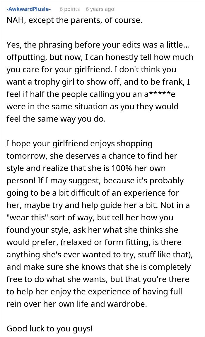 Screenshot of online comment discussing embarrassment and support related to girlfriend’s style and childhood trauma.