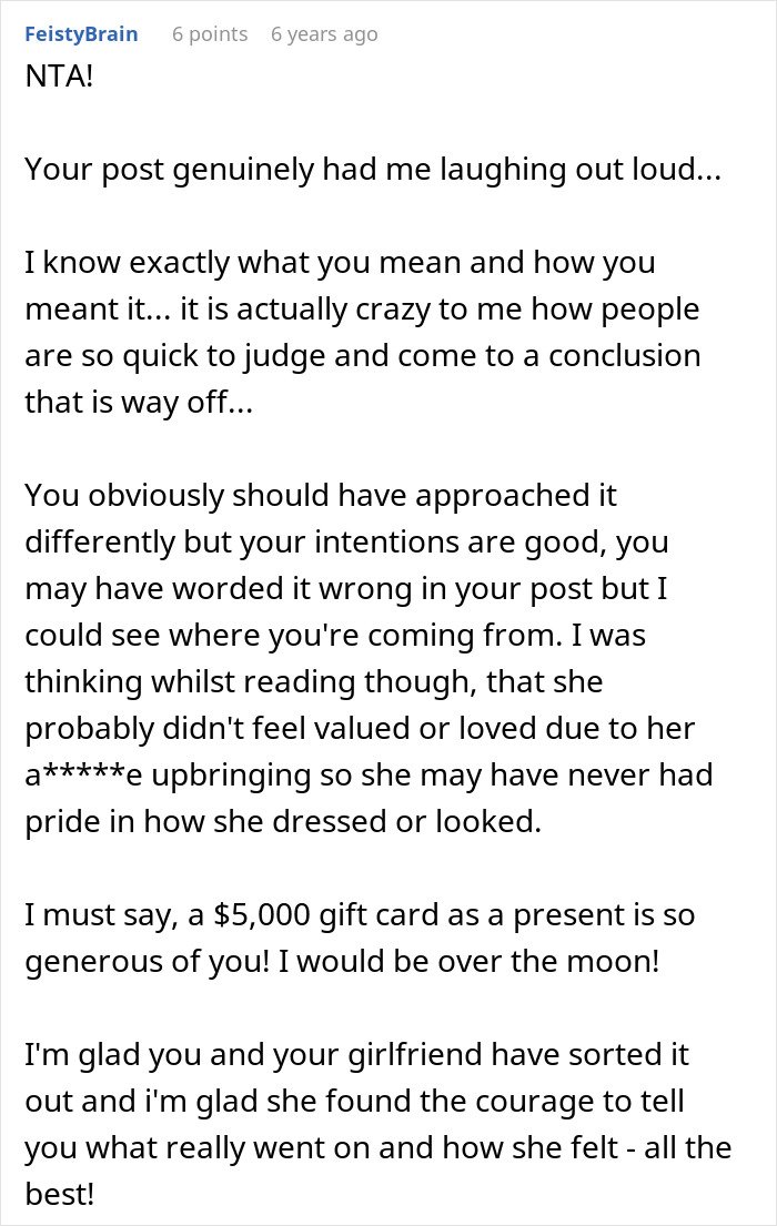 User comment expressing understanding of man feeling embarrassed by girlfriend’s style linked to her childhood trauma and upbringing.