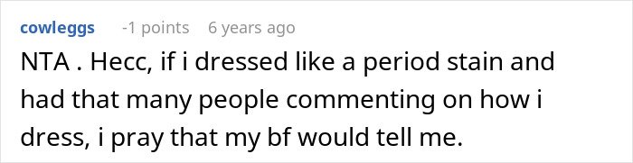 Screenshot of a forum comment discussing embarrassment and feelings related to girlfriend’s style and childhood trauma.