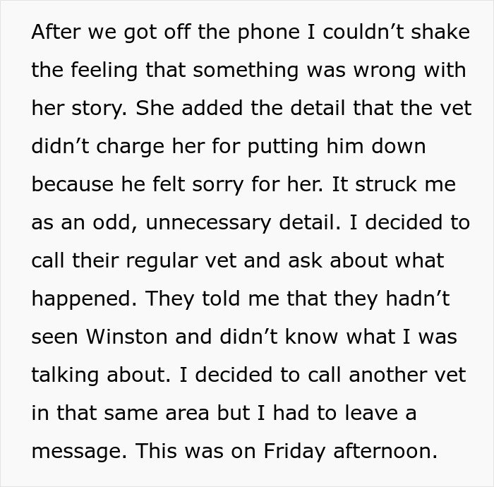 Text excerpt describing a suspicious story about a dog’s supposed death, raising concerns about MIL pretending dog passed away.