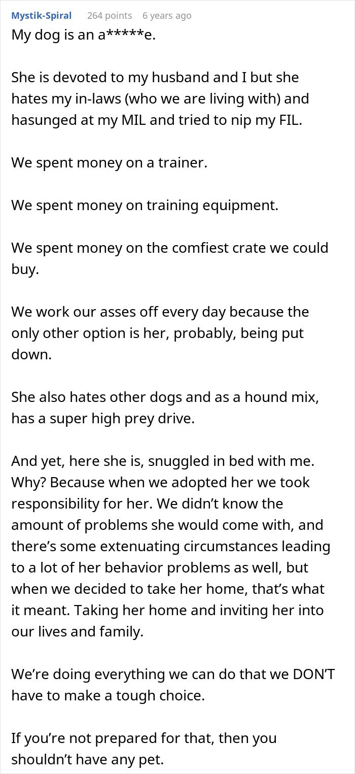 Text post about dog behavior problems and challenges, highlighting MIL pretending dog passed away to get rid of him.